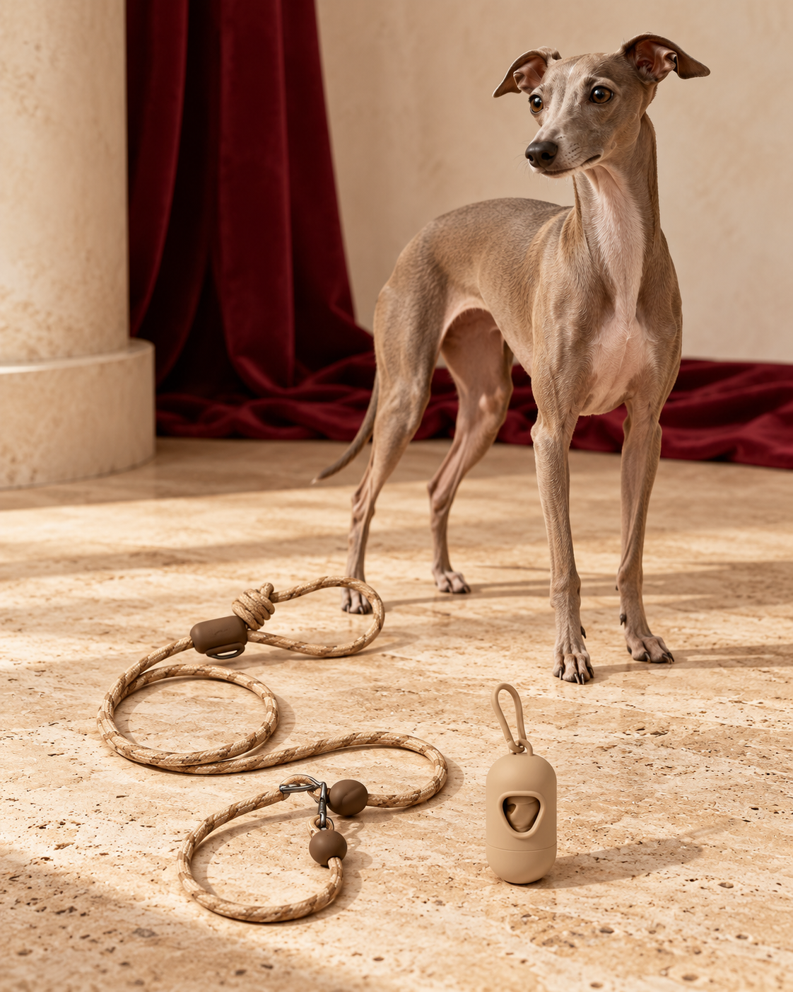 Italian Greyhound beside Coffee multiway rope lead and bag dispenser