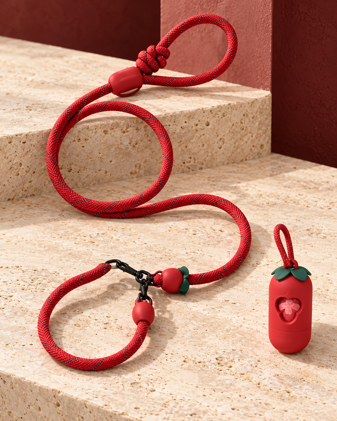 Strawberry rope leash and bag dispenser product detail