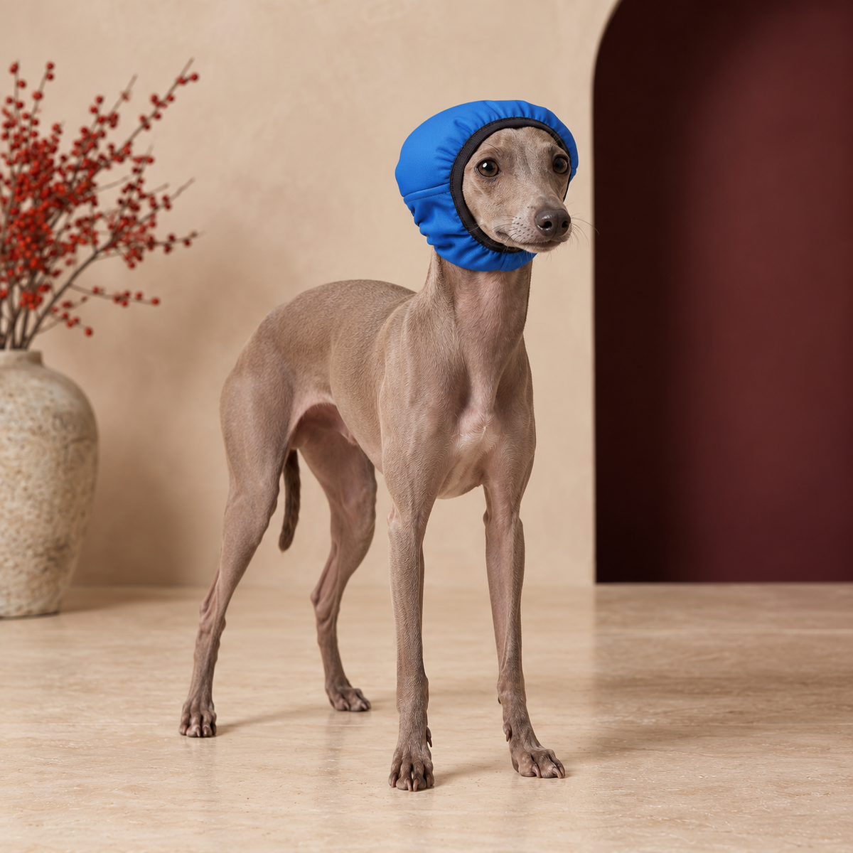 Italian Greyhound wearing Wash Time Dog Ear Cover in Blue