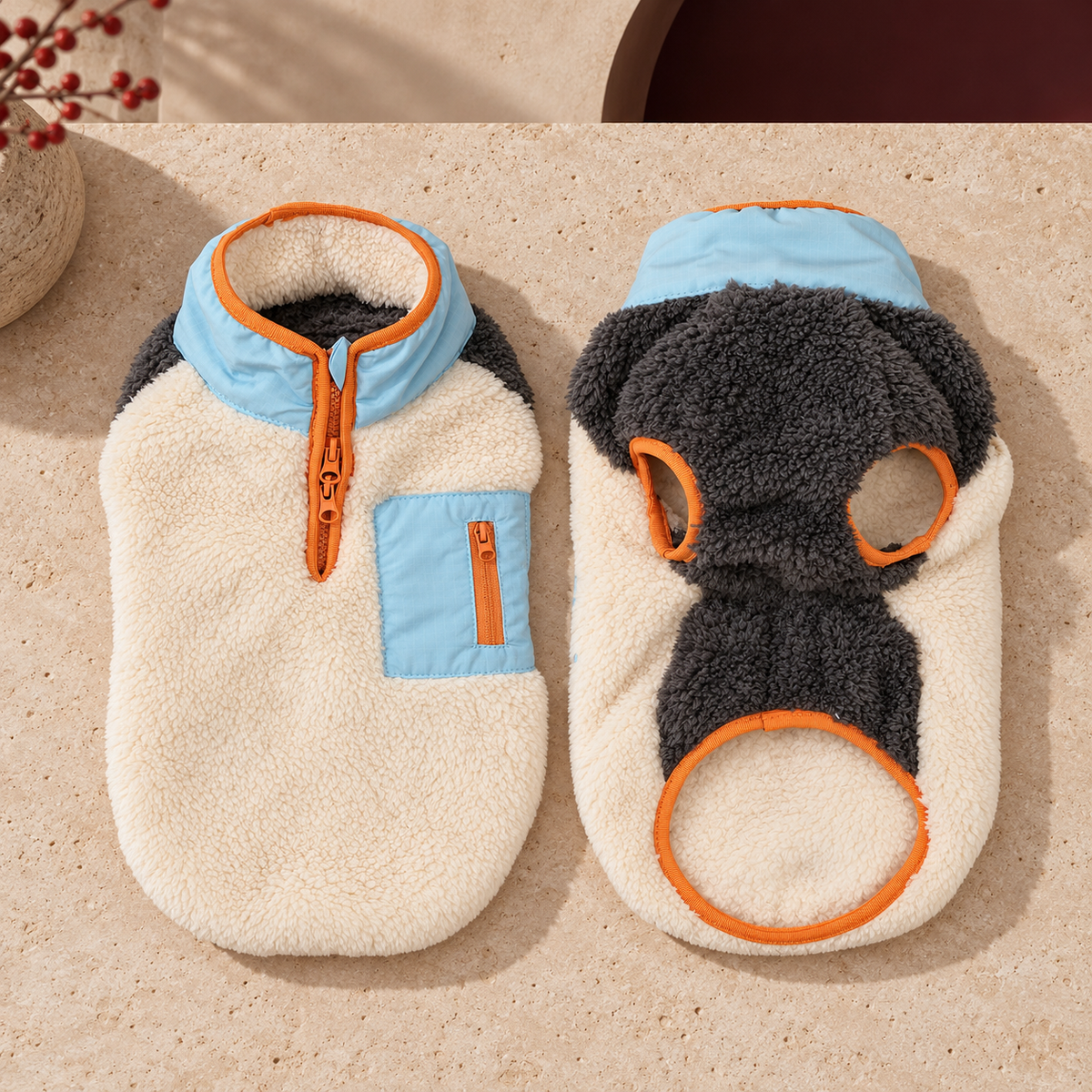 Cream and Blue Sherpa Dog Vest in Cream & Blue — product view