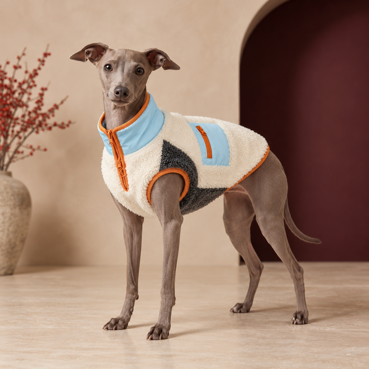 Italian Greyhound wearing Cream and Blue Sherpa Dog Vest in Cream & Blue