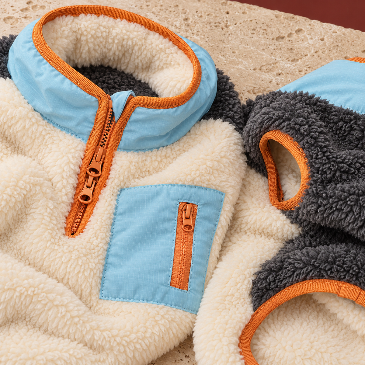 Cream and Blue Sherpa Dog Vest in Cream & Blue — close-up detail
