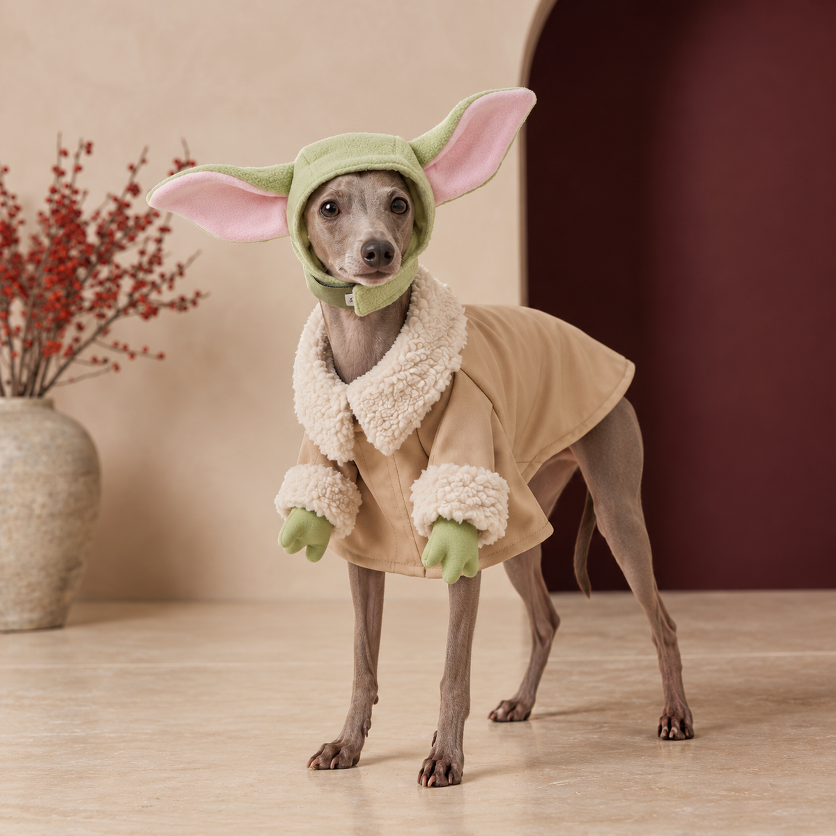 Italian Greyhound wearing Green Alien Dog Costume in Green