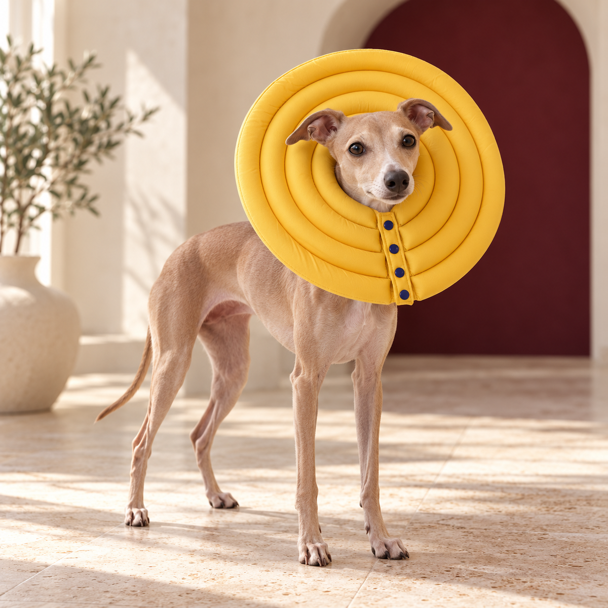 Italian Greyhound wearing a yellow layered soft recovery cone