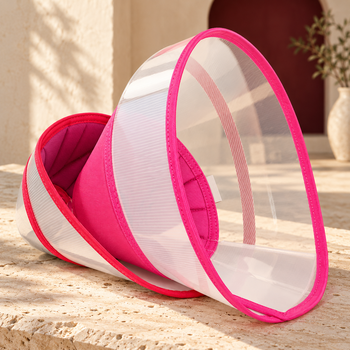 Clear Dog Recovery Cone with Padded Neck showing its construction and fastening details