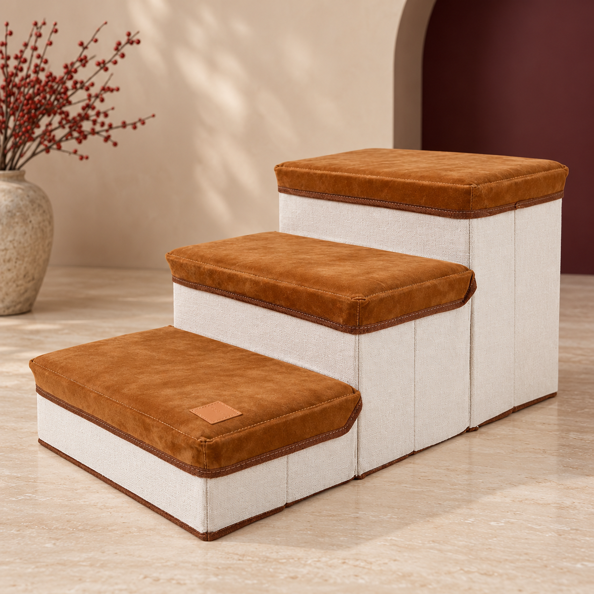 Three Step Storage Dog Stairs in Brown — product view
