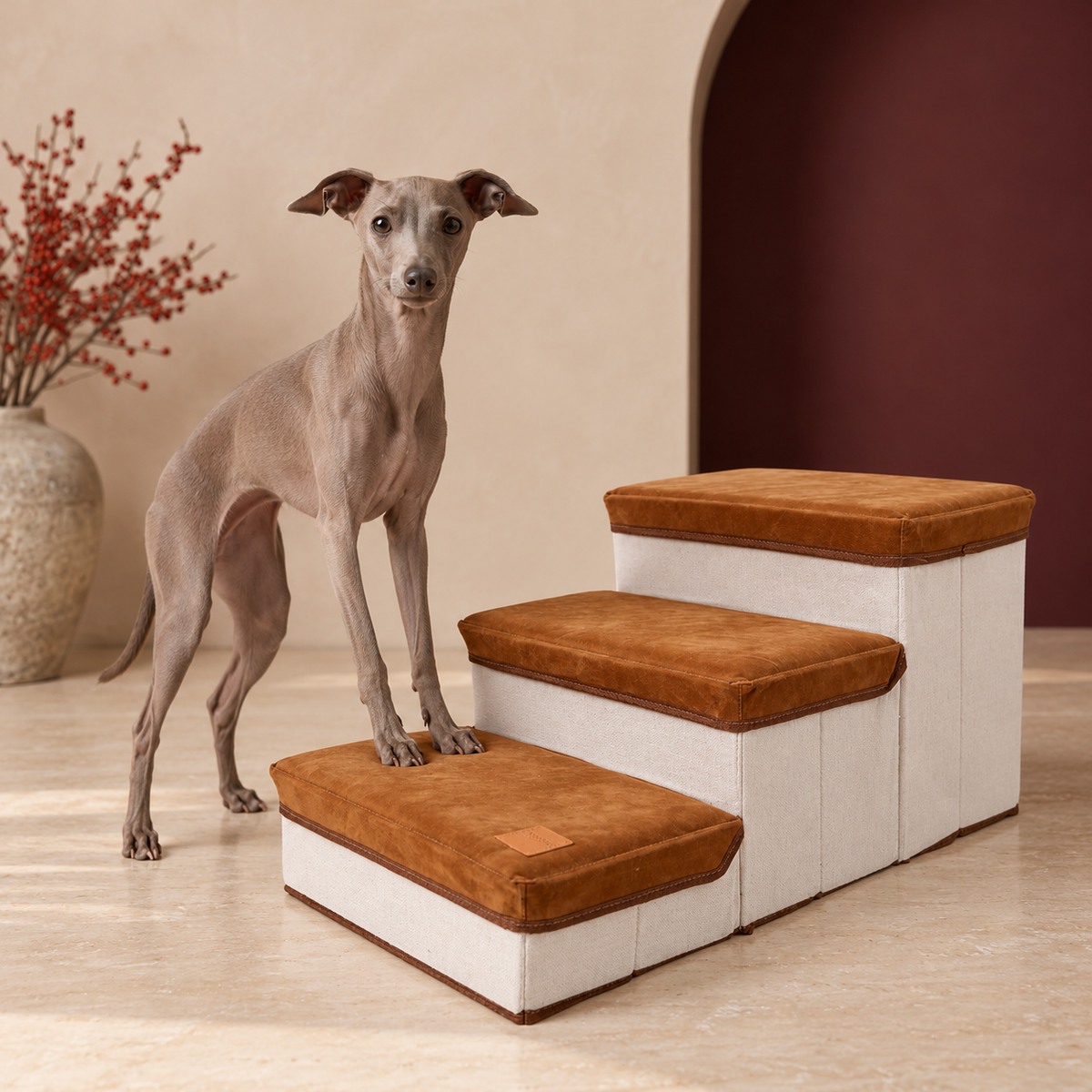 Italian Greyhound using the Brown Three Step Storage Dog Stairs