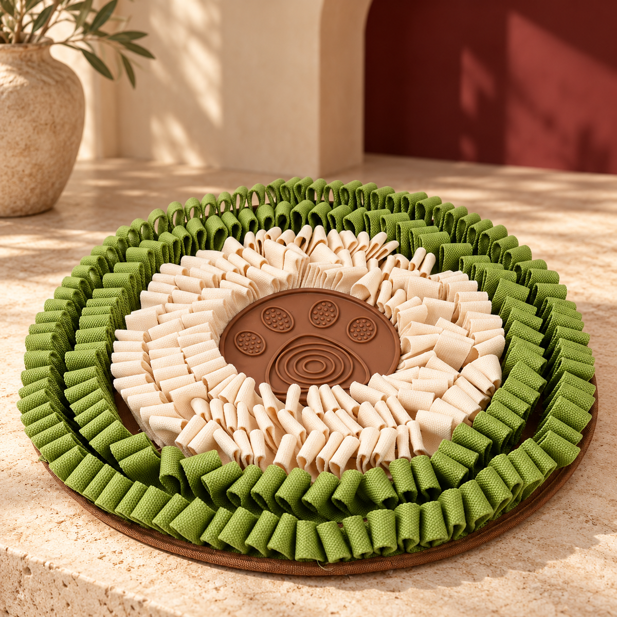 Beige / Green round layered dog snuffle mat