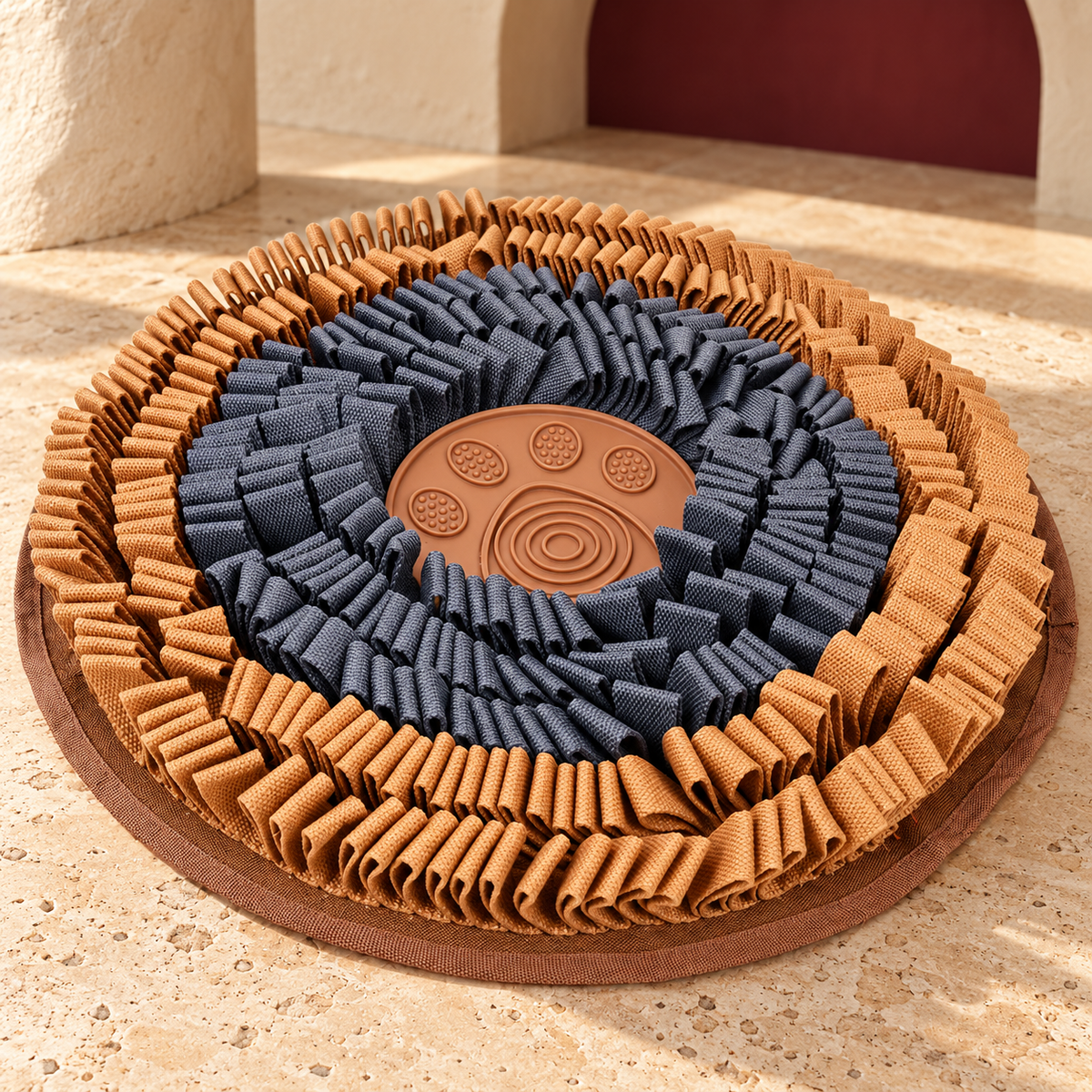 Round Layered Dog Snuffle Mat showing its construction and fastening details