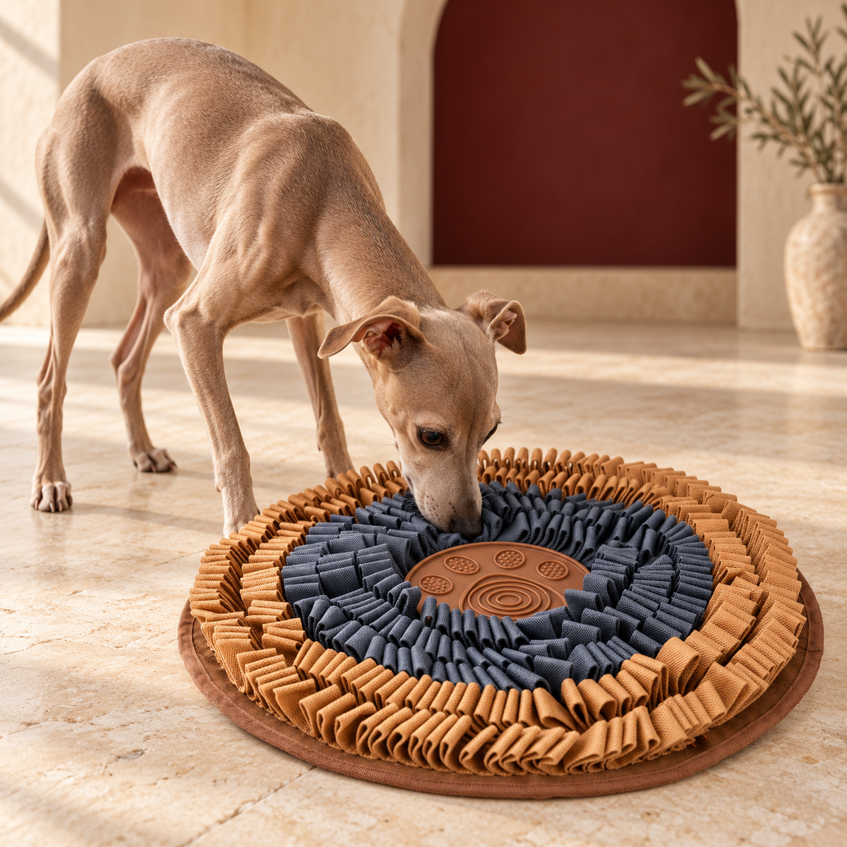 Italian Greyhound using round layered dog snuffle mat