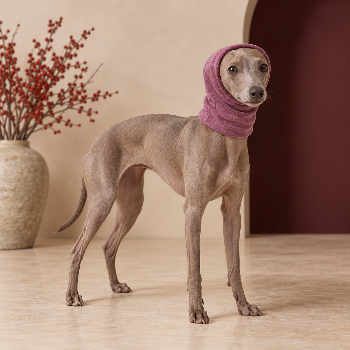 Italian Greyhound wearing Soft Stretch Dog Ear Wrap in Purple