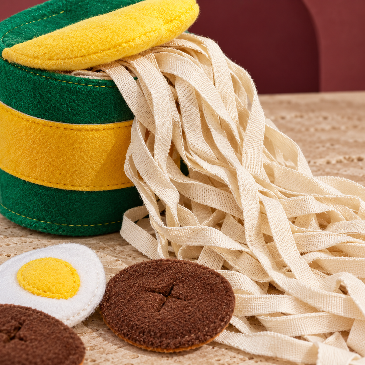 Ramen Cup Dog Snuffle Toy in Green — close-up detail