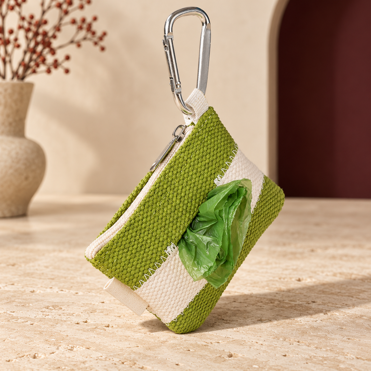 White / Green woven waste bag holder