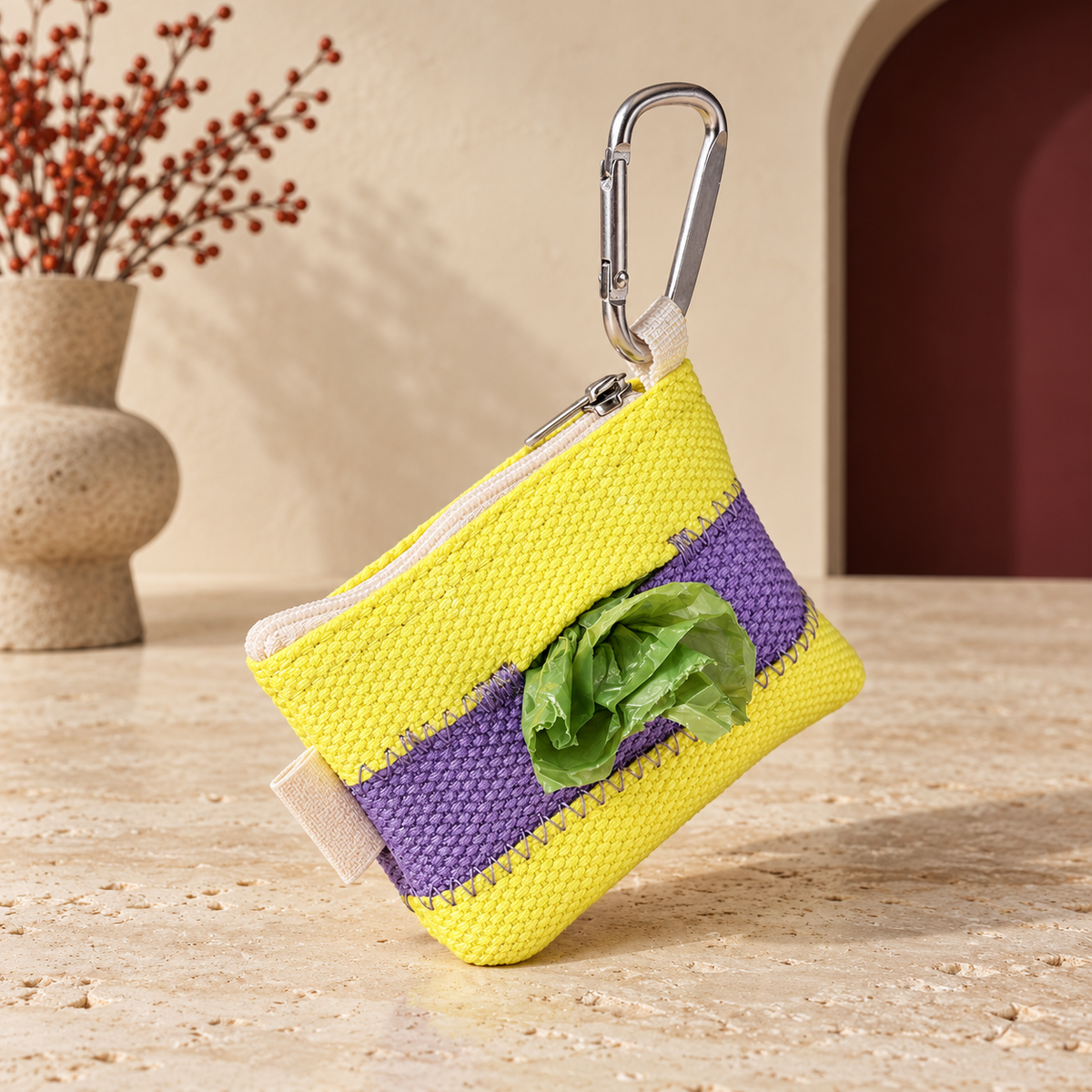 Purple / Yellow woven waste bag holder