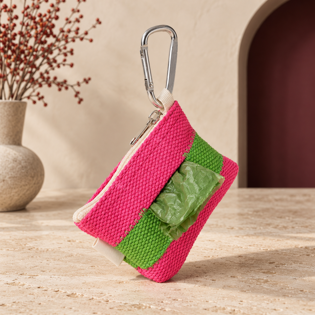 Pink / Green woven waste bag holder