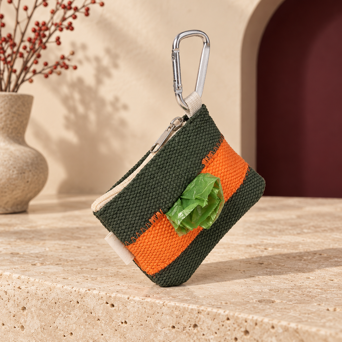 Dark Green / Orange woven waste bag holder