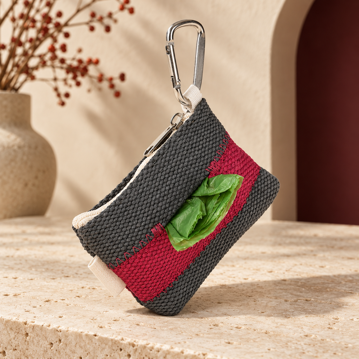 Burgundy / Gray woven waste bag holder
