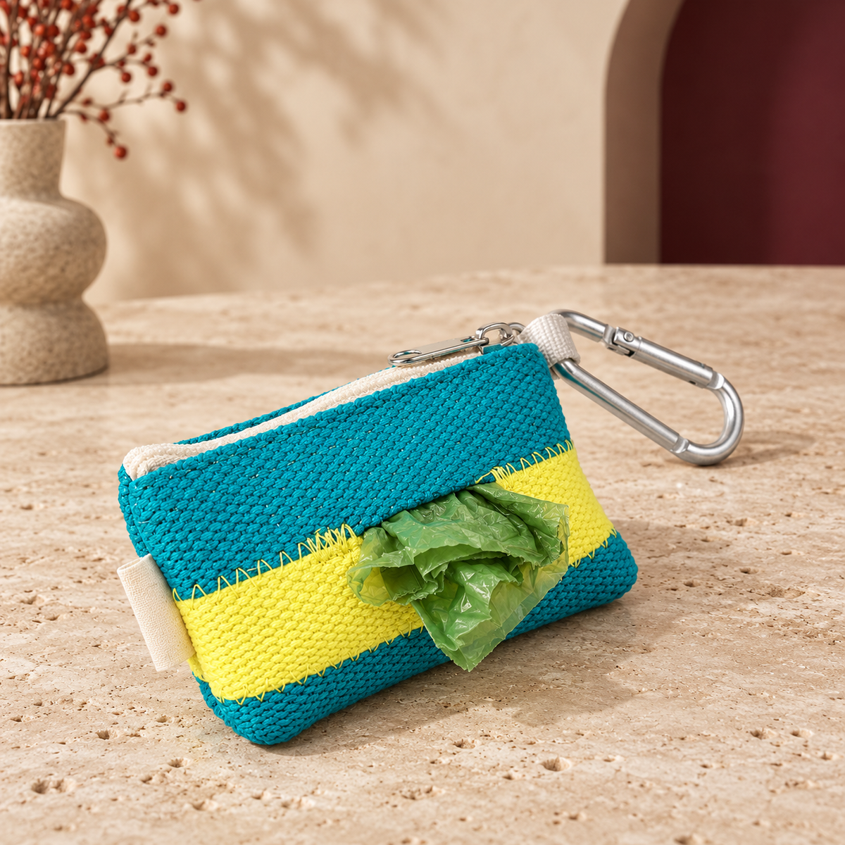 Turquoise and yellow woven waste bag holder with zipper and carabiner