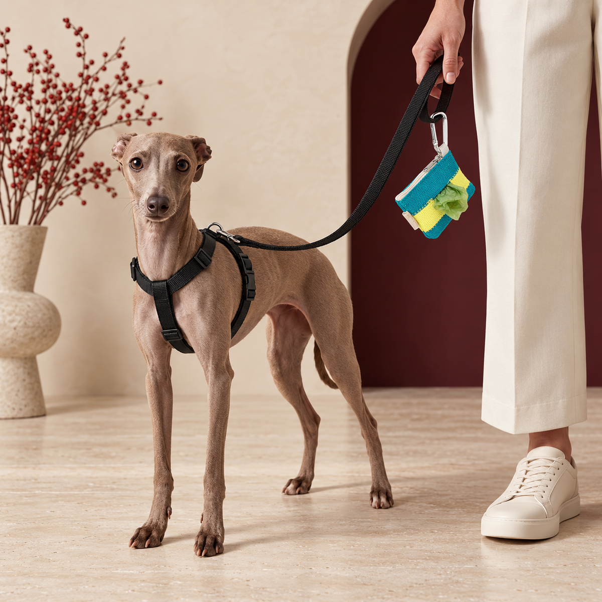 Italian Greyhound on a walk with a turquoise and yellow clip-on waste bag holder