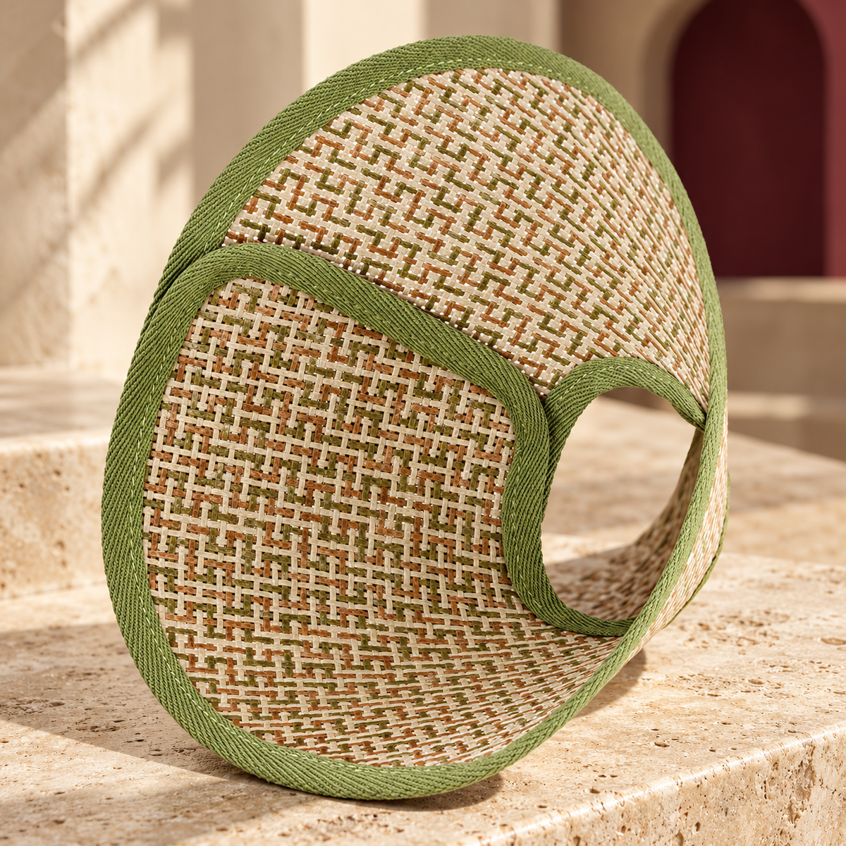 Close-up of green woven dog recovery cone