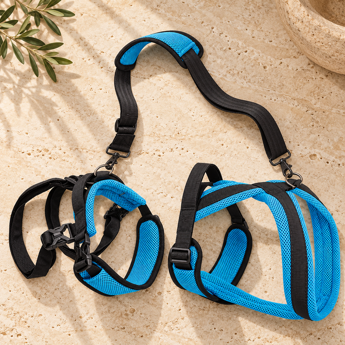 Blue Front and Rear Dog Support Harness showing its construction and fastening details
