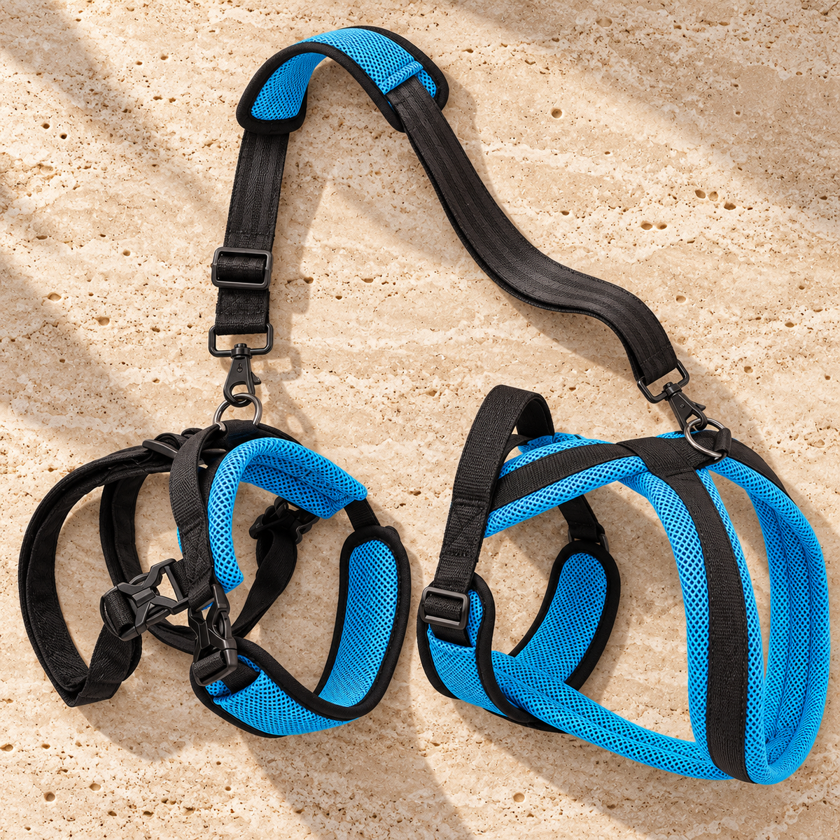 Close-up of blue front and rear dog support harness