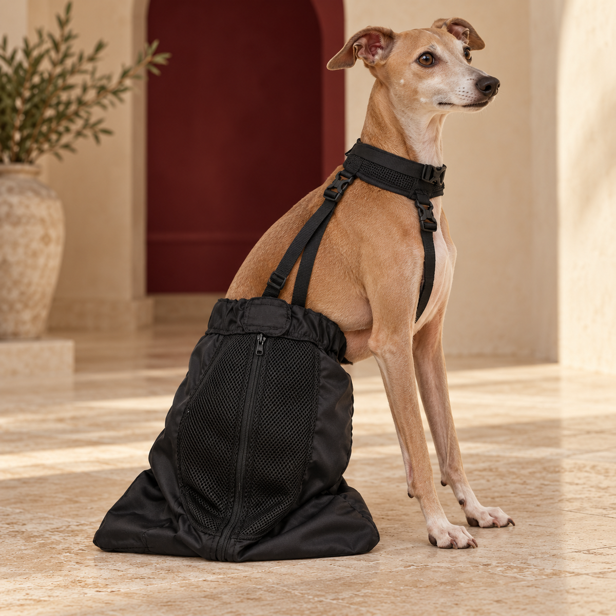 Italian Greyhound using rear leg dog drag bag