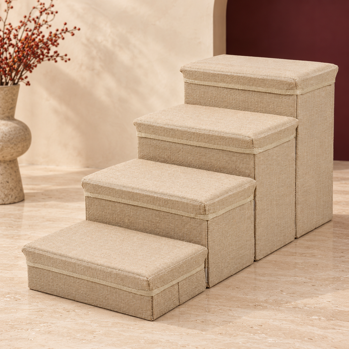 Beige four-step dog stairs showing lids, fabric and modular construction