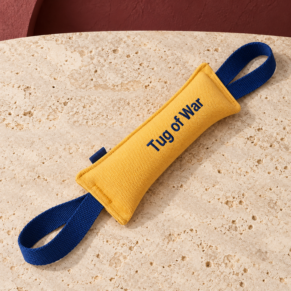 Fabric Bar Dog Tug Toy in Yellow & Blue — product view