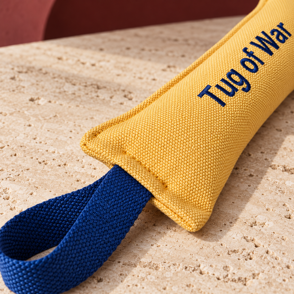 Fabric Bar Dog Tug Toy in Yellow & Blue — close-up detail