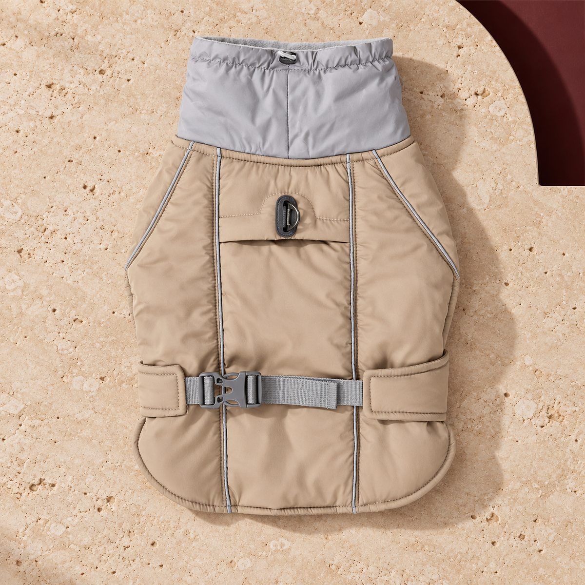 Reflective High Collar Dog Vest in Beige — product view