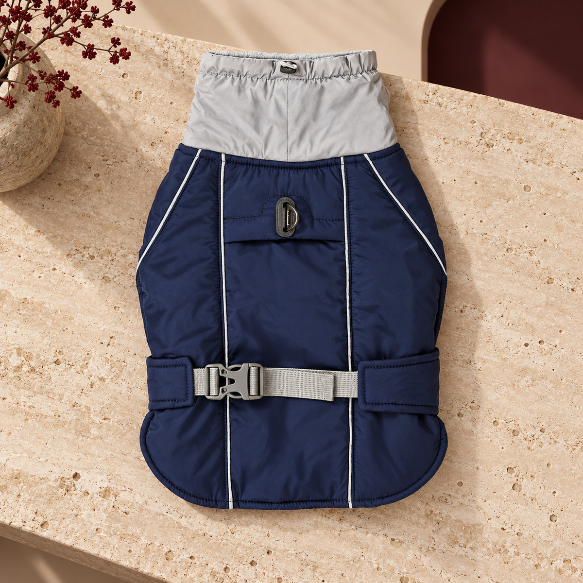 Reflective High Collar Dog Vest in Navy — product view