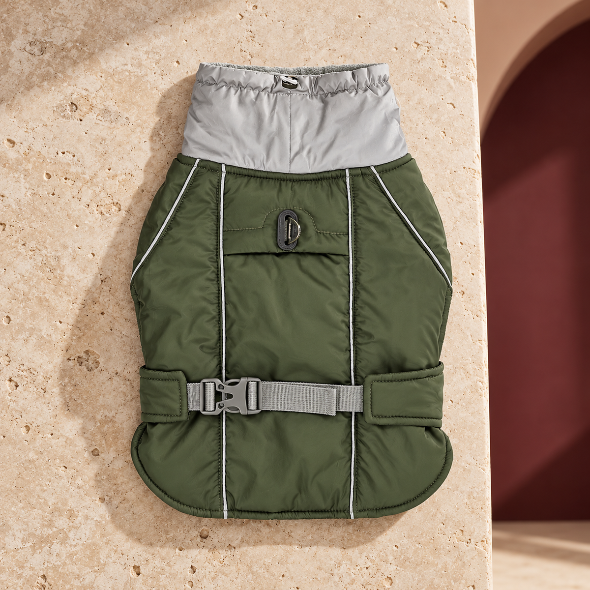 Reflective High Collar Dog Vest in Army Green — product view