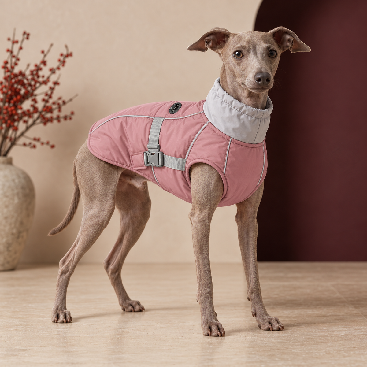 Italian Greyhound wearing Reflective High Collar Dog Vest in Pink