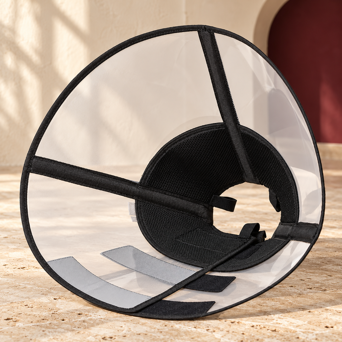 Foldable Clear Dog Recovery Cone showing its construction and fastening details