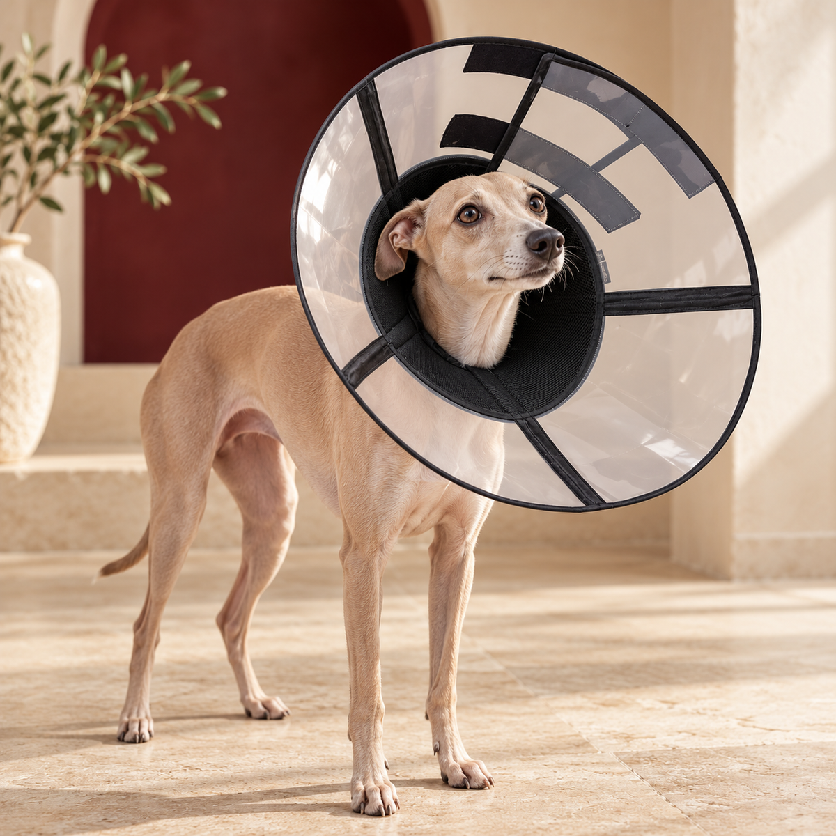 Italian Greyhound using foldable clear dog recovery cone