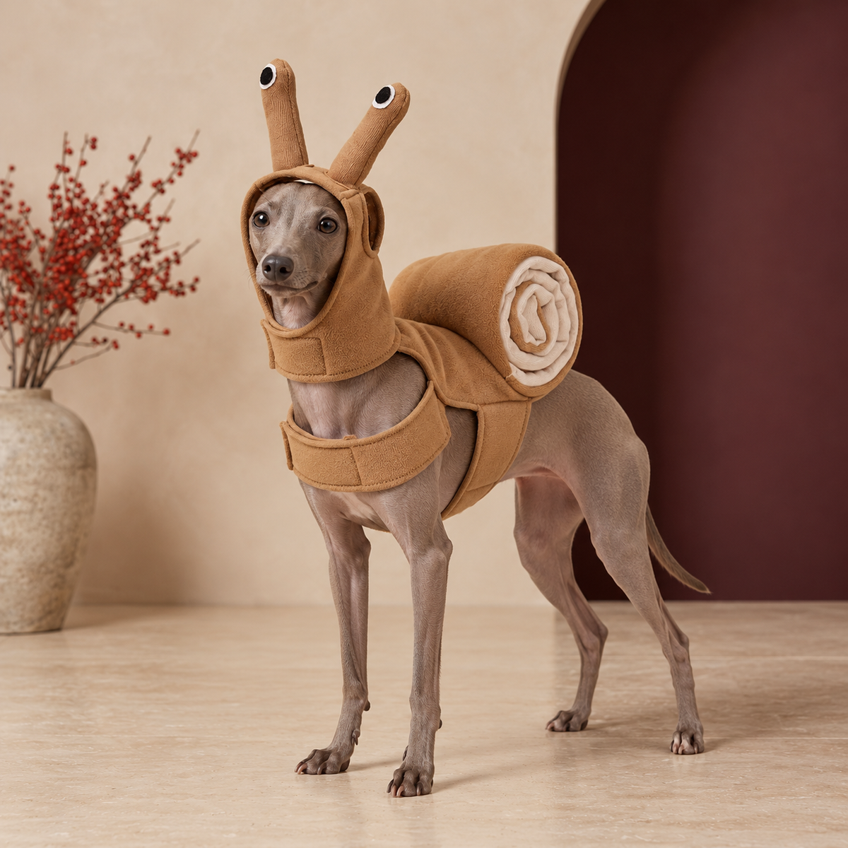 Italian Greyhound wearing Snail Dog Costume in Brown