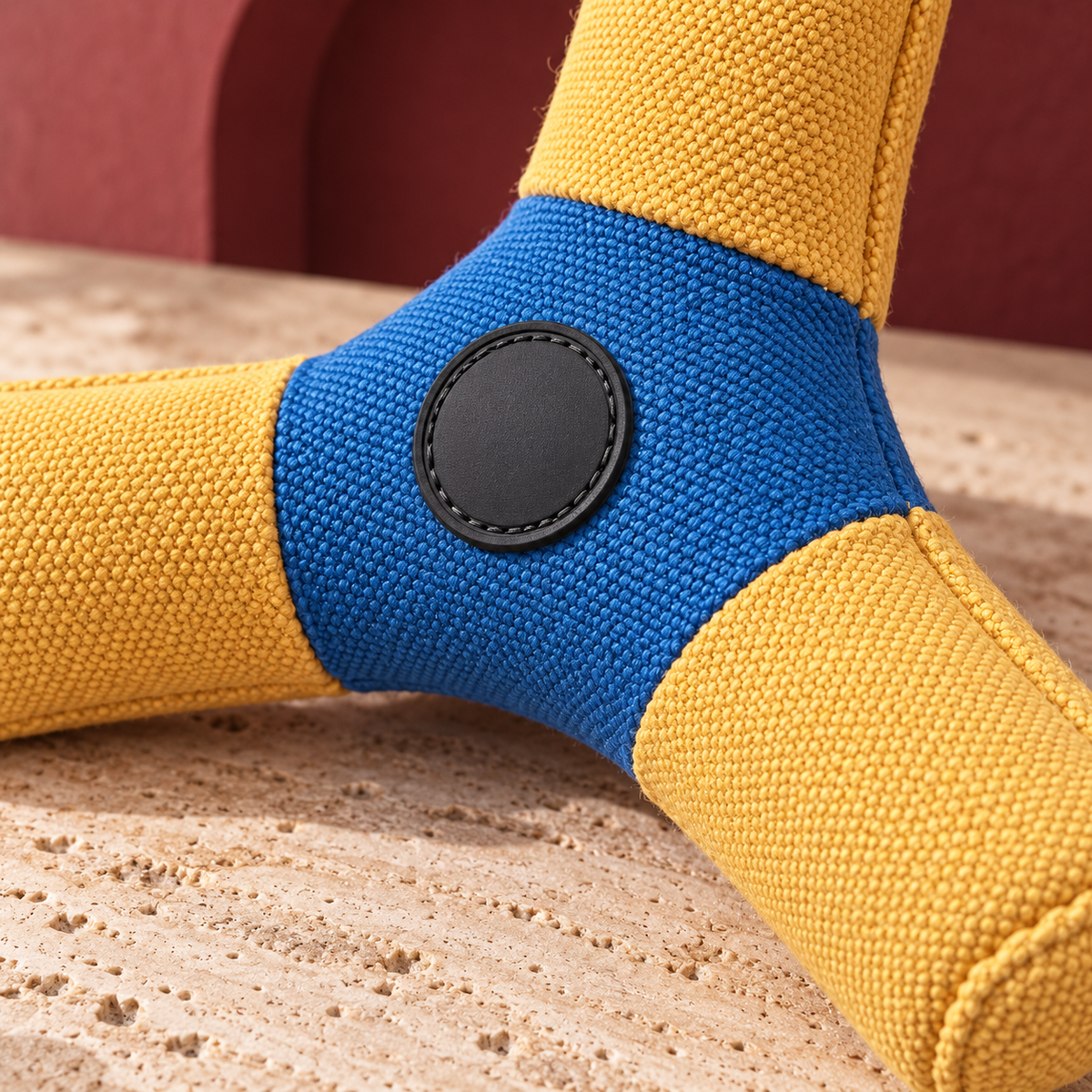 Three Arm Fabric Dog Flying Disc in Yellow & Blue — close-up detail