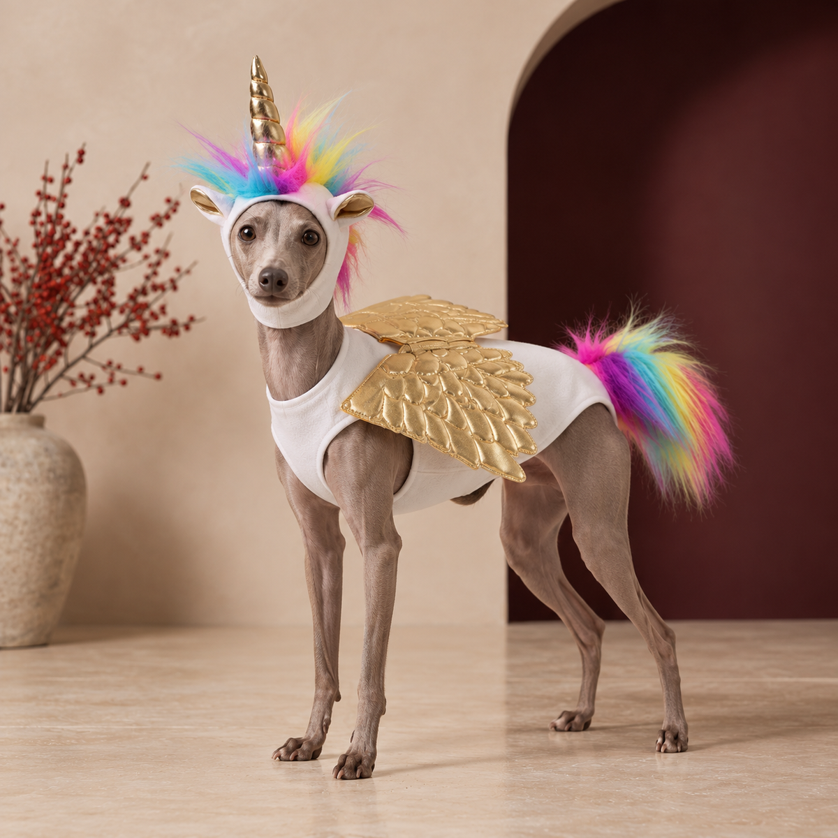Italian Greyhound wearing Unicorn Dog Costume in White & Gold