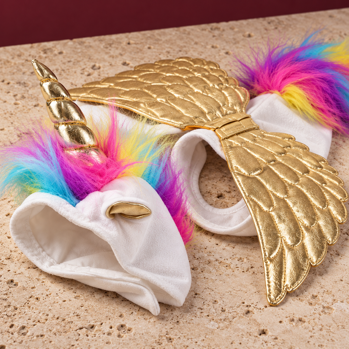 Unicorn Dog Costume in White & Gold — close-up detail