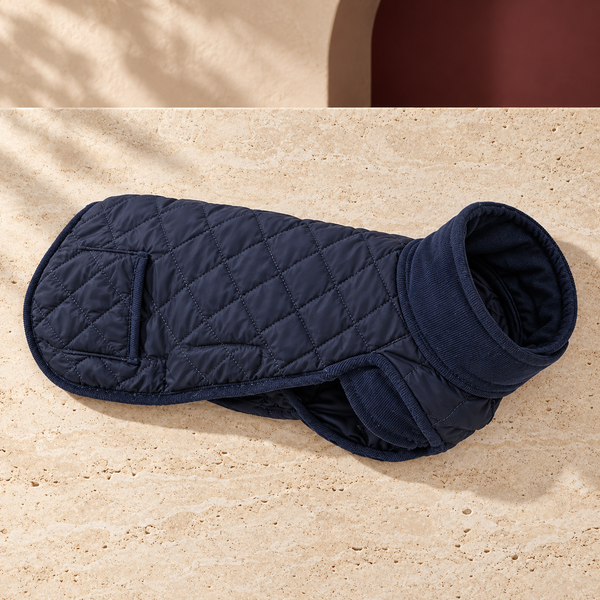 Long Back Quilted Dog Coat in Navy — product view