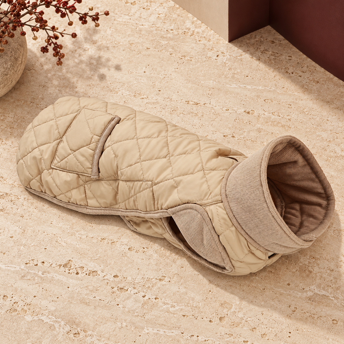 Long Back Quilted Dog Coat in Beige — product view