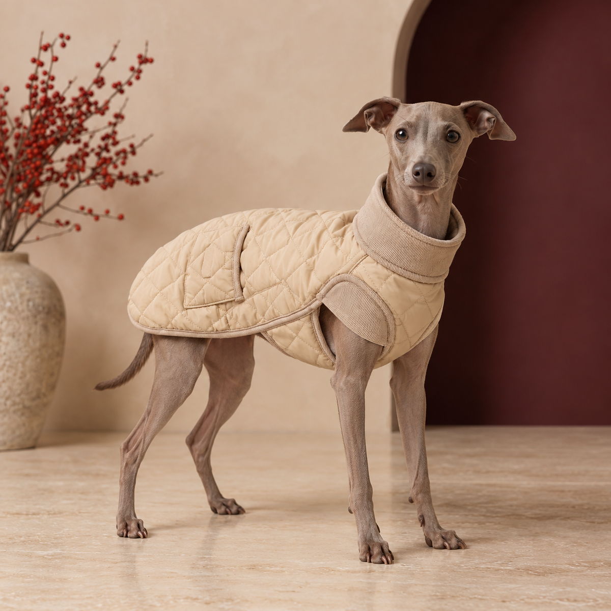 Italian Greyhound wearing Long Back Quilted Dog Coat in Beige