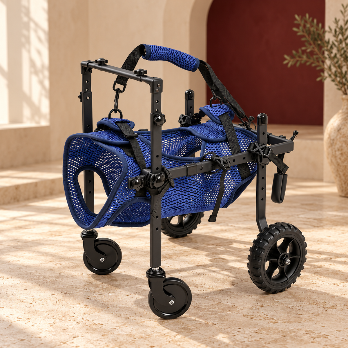 Blue Four Wheel Dog Mobility Cart showing its construction and fastening details