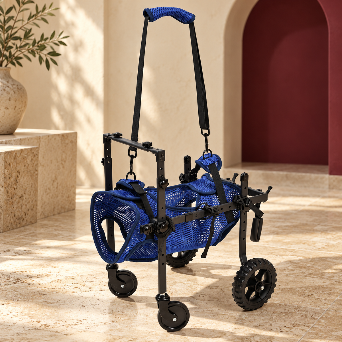 Close-up of blue four wheel dog mobility cart