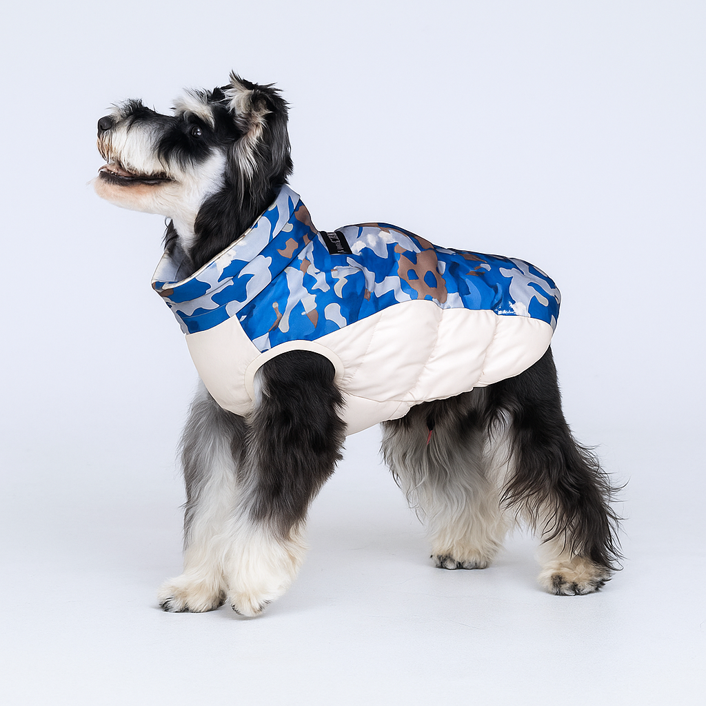 Dog wearing a camo cotton coat