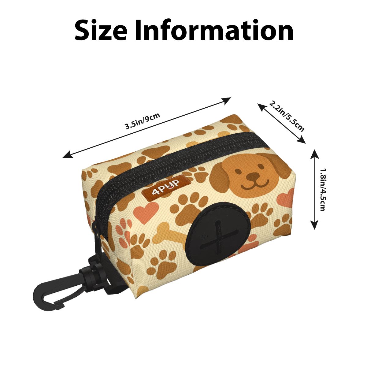 Cloy' dog leash poop bag holder size info