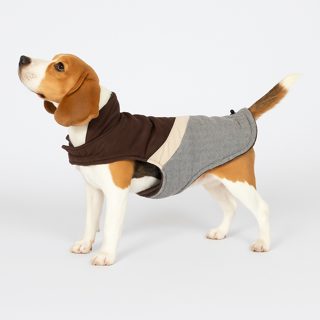 Dog wearing a herringbone cotton coat