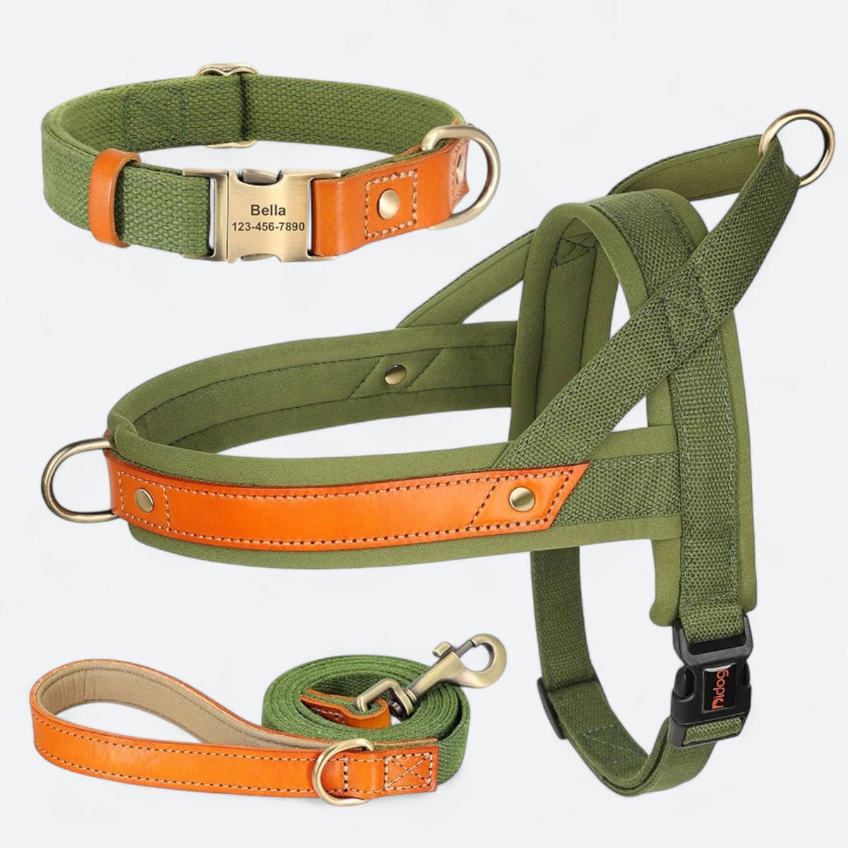No-pull dog harness, collar and leash set