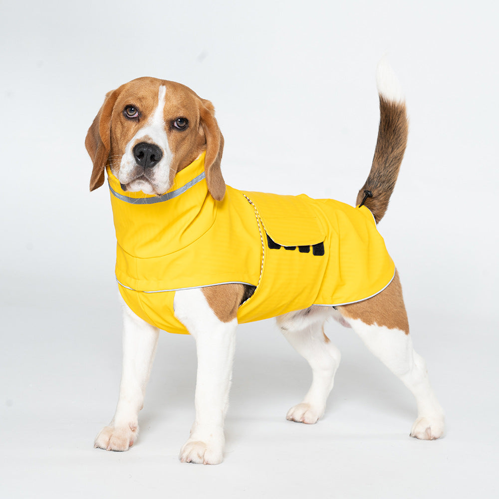 Dog wearing a reflective waterproof jacket
